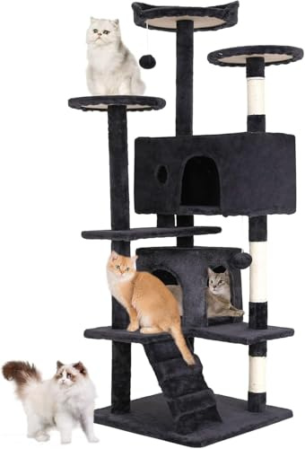 FDW Arbre à Chat Hauteur 178 cm Tour de Jeux pour Chat avec 2 Niches 3 Plateformes 2 Boules en Sisal Arbre à Grimper Multi-Niveaux Idéal pour 3-4 Chats Gris Foncé