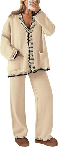 LLECDASEUI Frauen 2 Stück Outfits Passend Gestrickt Lounge-Sets Lange Ärmel V-Ausschnitt Strickjacke Pullover Weites Bein Hosen Trainingsanzüge (Beige,XXL)