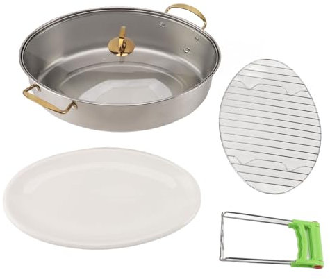 Vaporiera per Pesce in Acciaio Inossidabile 304 di Grande Capacità, Pentole Ovali Multiuso con Piastra in Ceramica, Coperchio in Vetro e Griglia Ideale per Cottura a Vapore di