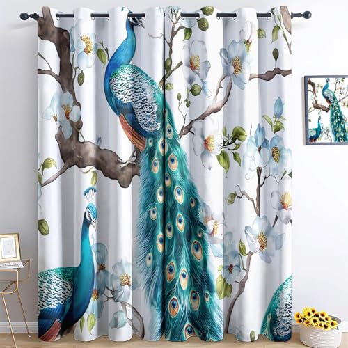 Gedruckte Blackout Vorhänge H260 x B140cm (2er Pack) Energiesparende Vorhänge Thermo- und Schallschutzvorhänge für Schlafzimmer Aquarell-Tier-Pfau Bedruckte GrüN Blau Vorhang