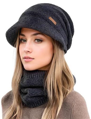 Winter Mütze Damen Set mit Schal und Visier - Weiches Innenfutter und Gefütterte Beanie für Herbst