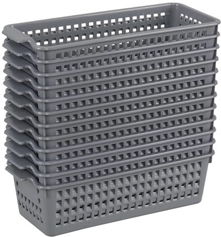 Ramddy Set of 12 Slim Plastic Organizing Basket, Small Cupboard Storage Baskets, Grey