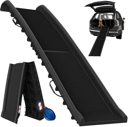 CADOCA® Hunderampe Auto klappbar 90kg kompakt 156x40cm Tragegriff Sicherungsbügel Reflektoren Trinknapf Hund Katze rutschfest leichte Einstiegshilfe