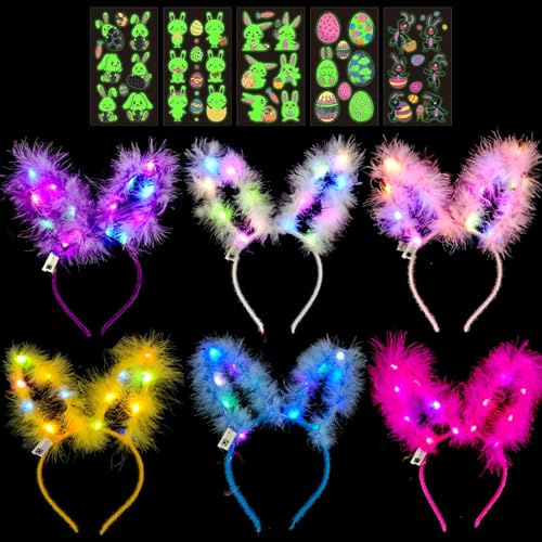 TaimeiMao 6 PCS Hasen Leuchtendes Stirnband, LED Stirnband, Leuchtende Haarbänder, Leuchtende Kopfbedeckung,für Ostergeburtstagsfeier Kinder und Leucht Kopfstück Hairband für Erwachsene