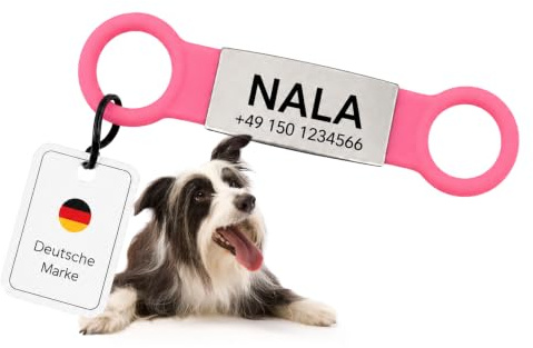 Hundemarke personalisiert für Halsband, Slider mit Gravur, Pink, Größe S | Edelstahlplatte in weichem Silikon sitzt angenehm und klapperfrei; passend für gängige Halsbandbreiten, Halsband nicht im Set