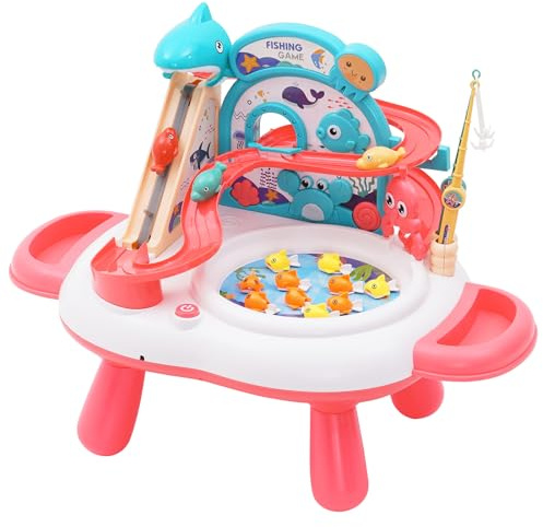 YULEYU Juego de Pesca, Juegos Pescar Peces con Música, Juego de Pesca Magnético, Juguete de Pescar Montessori Juguetes Educativos Interactivos, Regalos para Niños 3-6 para Niñas y Niños Rosa