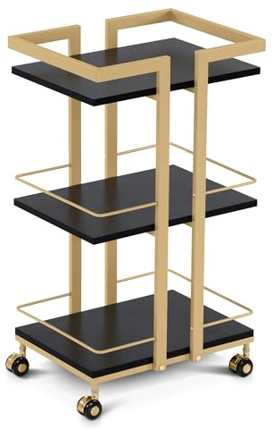M MCombo Carro de Servicio con Ruedas, Carro de Cocina Carro de Bar Estructura metálica Negro-Dorado, Carro Moderno Carro Multiusos con 3 Niveles, para Cocina salón Oficina, 33x43x75cm, 0033
