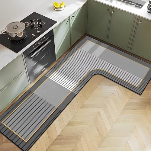Hixingo Tapis Cuisine Antidérapant, Forme L Absorbant Diatomite Tapis de Cuisine, Tapis Cuisine Devant Evier Lavable Tapis de Bain Tapis Vaisselle Tapis Douche (Gris,80x150x43cm)