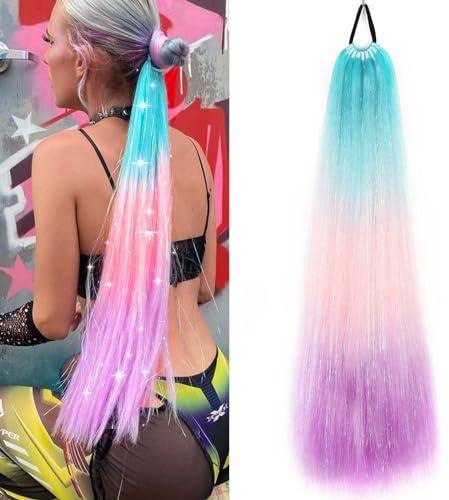 Regenbogenfarbene Pferdeschwanz-Haarverlängerungen mit Haargummi, 1 Packung, 26 Zoll lange farbige Haarverlängerungen zum Flechten für Mädchen und Frauen (#3-3)(#X32)