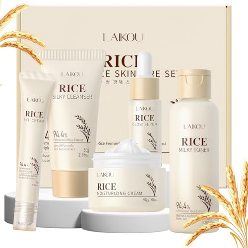 LAIKOU Skincare Set, Korean Rice Skin Care Sets & Kits, Cleanser, Toner, Serum, Eye Cream & Moisturizer, Christmas Birthday Gifts for Women Teenage Girls Mom Friend, Travel TSA-friendly Sizes 5pcs
