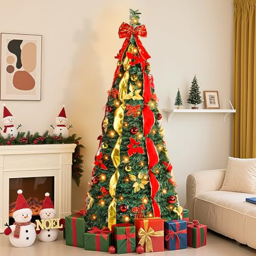 Alupssuc 6FT Pop Up Christmas Tree with Lights, Pre Lit Xmas Tree with 150 Warm White & Multi-Color Lights, 9 Light Modes, with Xmas Balls, Bows and Flowers Decorations, Easy Assembly
