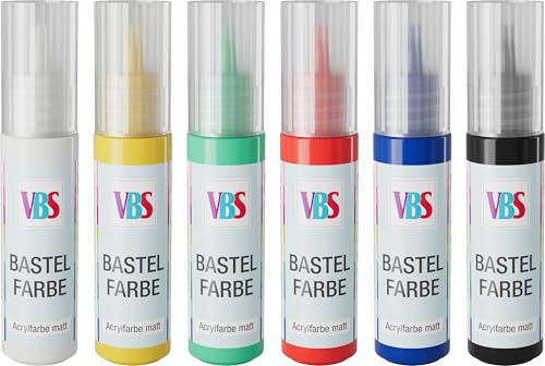 VBS Bastelfarben-Set Basic 6 STK. für Holz Stein Papier Leinwand Keramik Kunststoff Metall Styropor MDF Pappe Terrakotta wasserfest lichtecht matt mischbar lösungsmittelfrei 20ml