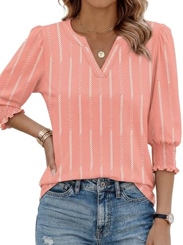 Desol Blus, 3/4-ärm, ledig skjorta med V-ringning, eleganta toppar, lös topp, blus för sommaren, Rosa ränder, S