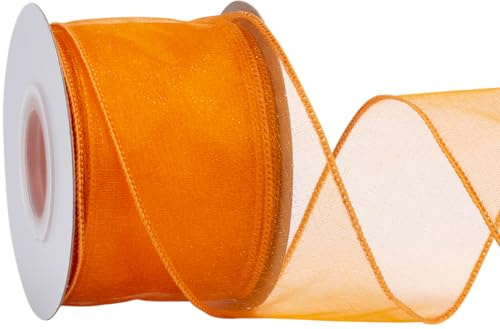 Zofrud Organzaband mit Draht, 6,4 cm, Orange, 20 Meter, durchscheinendes Band mit metallischem Rand, für Geschenkverpackungen, Schleifen, Blumenarrangements, Handwerk und Hochzeitsdekorationen