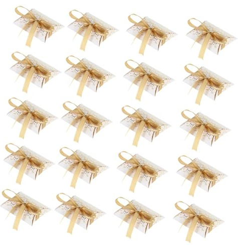 VALICLUD 50stücke Verpackbare Papiersüßigkeitenschachteln in Kissenform Mit Goldener Schleife Wiederverwendbare Hochzeit Gastgeschenke Verpackung Stabile Papierbox Für Süßigkeiten Deko Part