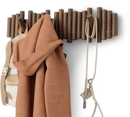 Umbra Picket Coat Rack with 8 Hooks – Walnut Wall-Mounted Coat Rack with Flip-Down Wooden Hooks, Real Pine Wood Decorative Wall Storage for Jackets, Hats, Scarves, Bags, Entryway, Bedroom Living Room