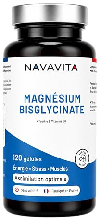 NAVAVITA Magnésium Bisglycinate + Taurine & Vitamine B6, Haute Teneur 300mg/j, 120 Gélules, Combat la Fatigue et le Stress, Mieux Absorbé que le Magnésium Marin, Fabriqué en France
