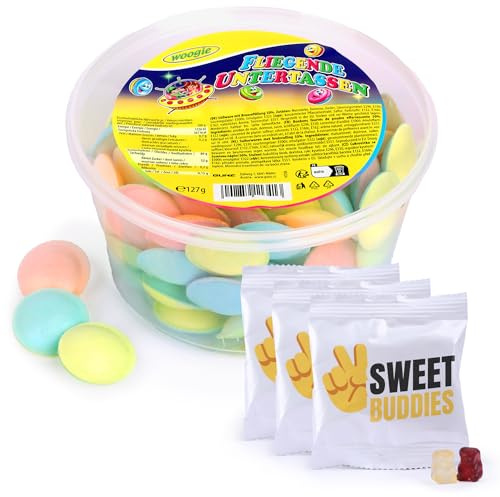 Woogie Soucoupes volantes 127g env. 100 pièces avec 3x10g sachets de Sweet Buddies Ours Gélifiés - OVNIs effervescents - Friandises rétro cultes pour fêtes, anniversaires d'enfants & classes d'école
