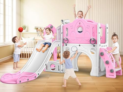 Scivolo per bambini: grande scivolo per bambini con cestino da basket, giocattolo per interni ed esterni per bambini da 1 a 3 anni (rosa)