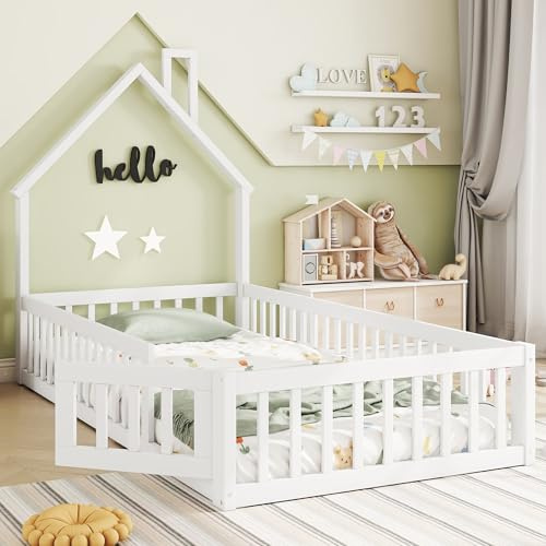 Merax Kinderbett Bodenbett 90x200 cm Hausbett mit Rausfallschutz & Lattenrost, Schornsteinform, öffnbarem Zaun - Montessori Bett, Jugendbett, Holz Bettgestell(ohne Matratze), Weiß