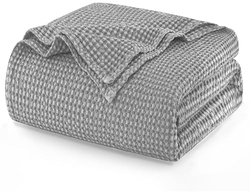 Talasily 100% Baumwolle Decke 150 x 200 cm, Weiche und Atmungsaktive Tagesdecke, Waffelmuster Leichte Decke als Sofadecke Couchdecke, Weich Kuschelige Wohndecke Wohnzimmer, Sofa Couch Hellgrau
