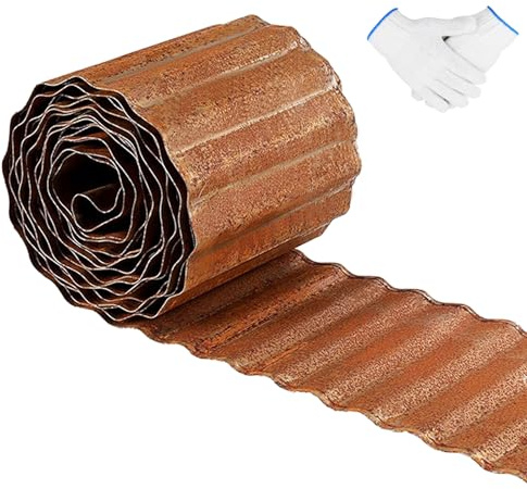 Bordura per prato in metallo da 15,2 cm x 10,2 m, bordo da giardino, in acciaio corten ondulato, strisce lunghe e flessibili pre-arrugginite, bordatura fai da te con guanti, per prato, aiuole, recinti