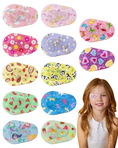 FUGLUS 12 Pezzi di Bende per Gli Occhi, Benda Adesiva Sull'Occhio per Bambini Benda Adesiva in Cotoneper Occhi in Cotone Bloccante di Animale Divertente per Bambini con Scarsa Vista