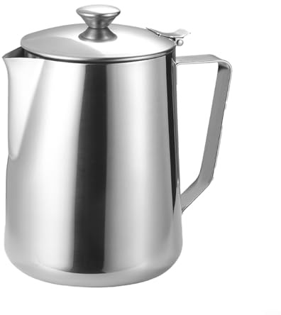 Pichet à mousse de lait en acier inoxydable avec couvercle pour café, latte, cappuccino, mousse et expresso, rétention de la chaleur et prise en main confortable pour la maison ou le café (1 000 ml)
