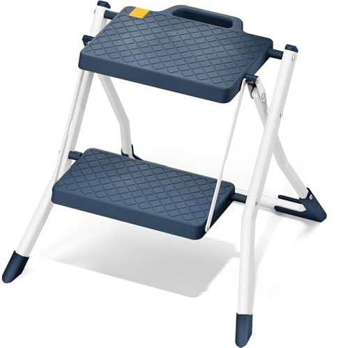 URACKIFY 2 Step Stool Foldable, Step Ladder with Non-Slip Rubber mat, Step Stool with Release Button, Lightweight Steel, Blue, for up to 330LBS.