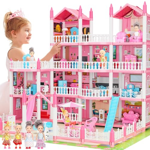 Casa de muñecas rosa para niñas, casa de juegos de 4 pisos 15 habitaciones con 4 muñecas & accesorios de muebles & luces parpadeantes, casa de muñecas de princesa juguete regalo de cumpleaños para