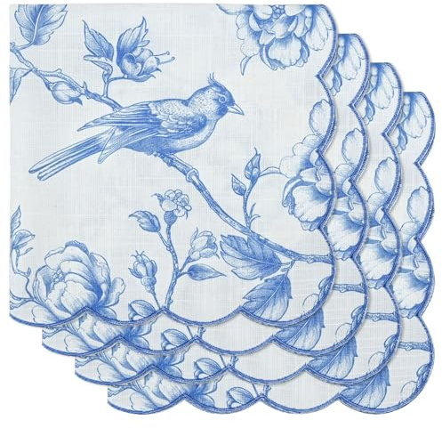 Blue White Floral Cloth Napkins Set of 4, 18 x 18 Inch Chinoiserie Dinner Napkins with Scalloped Embroidered Edge, Soft Washable Bamboo Fiber Blend Napkins for Wedding Holiday Party Decoration