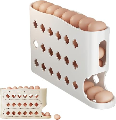 kyno 2026 Egg Holder for Fridge, Eggs Dispenser Auto Rolling, No Assembly Required Easy Access, Save Refrigerator Space, And Prevent Egg from Breaking, Large Capacity / Holds 30 Eggs (White)