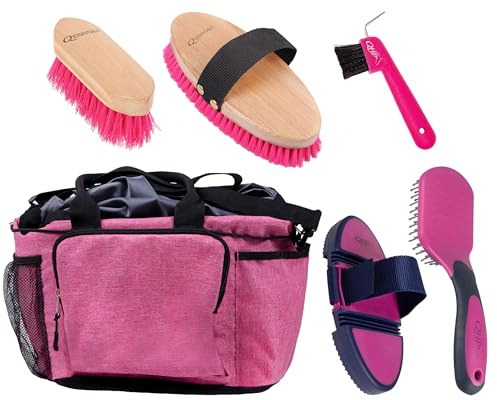 QHP Pferde-Pflegeset mit Putztasche – Pretty in Pink - Komplettes Pflegeset für die tägliche Pferdepflege