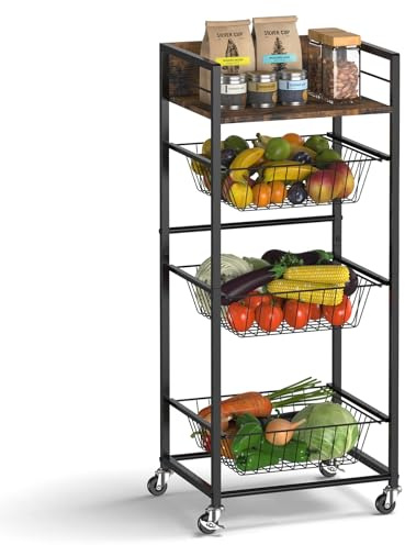 Sunexinlo 4-Tier Kitchen Rolling Cart with 3 Pull-Out Wire Baskets, Wooden Top and 360° Wheels, Narrow Kitchen Storage Cart for Fruit, Vegetable, Pantry, Bathroom, Laundry Room, Rustic Brown