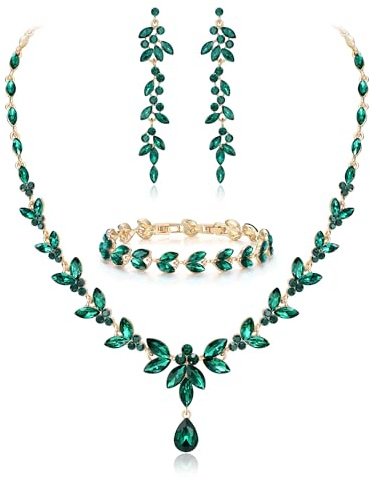 EVER FAITH Schmuckset Österreichisches Kristall Braut Schmuck-Set, elegante Marquise Strass Blatt Halskette mit baumelnden Ohrringen Tennis-Armband-Set, Grün Vergoldet