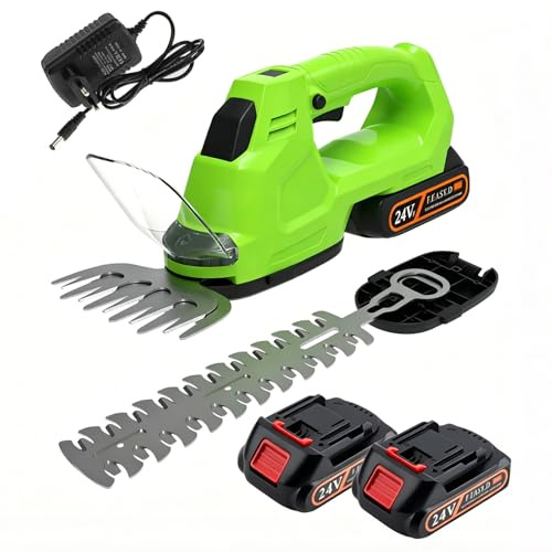 Tagliasiepi a Batteria, 2 in 1 Tagliasiepi Elettrico e Forbici per Erba con 2 Batterie e Caricabatterie, Larghezza Taglio 22cm & 13cm, Cesoie Portatile per Tagliare Siepi e Prati