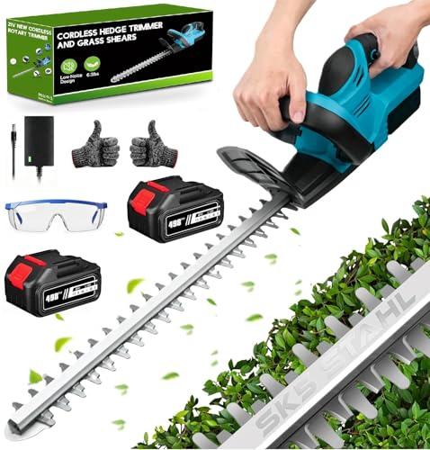 Taille Haie sans Fil 21V, Taille Haie Batterie avec Lame Double Action 52 cm et Écartement 15 mm, 2 Batteries 6,0 Ah, Taille-Haie Électrique Léger pour Haies, Arbustes et Jardin (avec 2 Batteries)