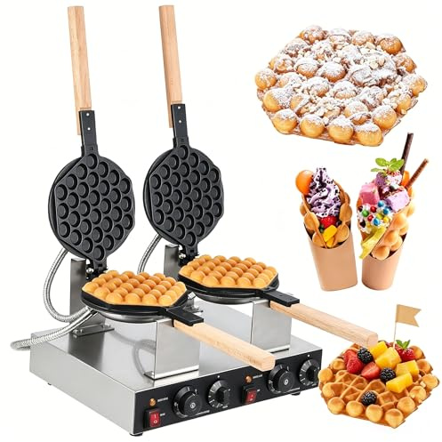 Kommersiell bubbelvåffelmaskin med dubbelt huvud – 1400 W roterande non-stick äggvåffelmaskin, 50-250°C justerbar temperatur, rostfritt stål, för hem- och kommersiellt bruk