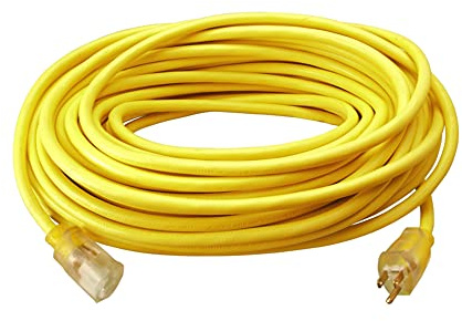 Southwire Outdoor Extension Cord – Durable Vinyl Jacket for For Farm, Ranch & Workshop - Lighted End With Reinforced Blades - SJTW, Yellow - 12 Gauge, 3 Prong - 50 Feet