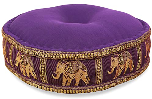 livasia meditation cushion with Thai silk - Ø 18x6″ - Yoga cushion kapok, Pouffe, Floor cushion yoga Zen meditation, Seat cushion garden balcony, Zafu (Purple/Elephants, Silk)