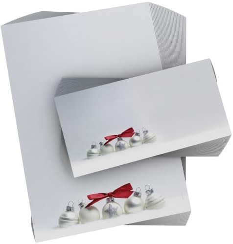 Weihnachtsbriefpapier Set | Pure Silver | 100 Blatt Motivpapier A4 | 100 Briefumschläge OHNE FENSTER im DIN LANG-Format | Briefpapier Set