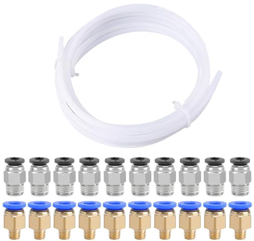QitinDasen 5 Meter 3D Drucker PTFE Teflonschlauch, mit 10 Stück PC4-M6 Pneumatik Verbinder und 10 Stück PC4-M10 Pneumatik Verbinder