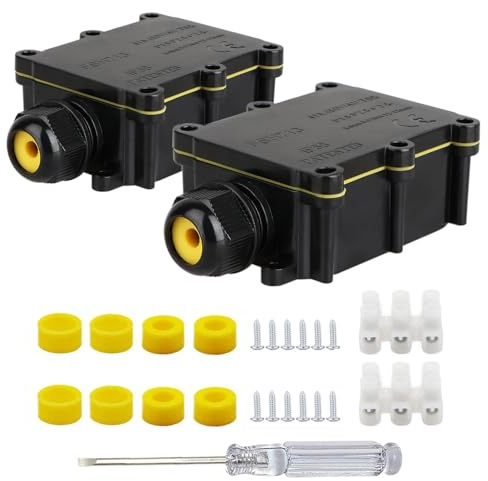 Helunsi 2 Pieces Waterproof IP68 External Junction Box, 2 Way Outdoor Junction Box, Underground Plug Line Coaxial Cable Connector Wire Range 5 to 15mm Electrical Power Cord Weatherproof Boxes - Black