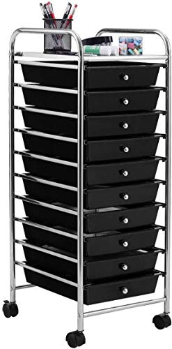 RELAX4LIFE Rollwagen mit 10 Schubladen, Rollcontainer Großer Stauraum, Badrollwagen Metallgestell, Badtrolley mit Farbwahl, Badregal mit Rollen, Haushaltswagen, 32,5 x 37 x 86cm (Schwarz)