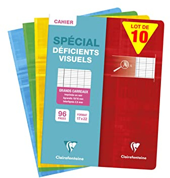 Clairefontaine 63796C - Packung mit 10 Notizheften 17x22cm, 48 Blatt ideal für Sehbehinderte, schwarze Lineatur 2,5mm 10x10, französische Lineatur, 90g, farbig sortiert, 1 Pack