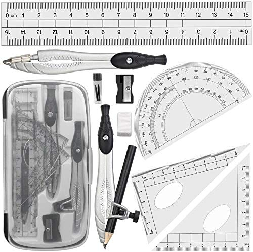 Akuoly Schulzirkel Geometriezirkel Mathematik Geometrie-Sets, mit 2pcs Zirkel, 2pcs Geodreieck, 15 cm Lineal und Winkelmesser, Schwarz