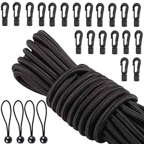 HLOGREE 1/4 x 52 ft Bungee Shock Cord, Elastic Kayak Stretch String Rope with Bungee Hooks, 4pcs Tie Down Trailer Strap for Kayaks Boat Camping Accessories, Outdoor