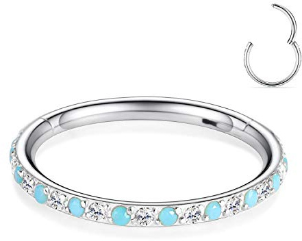hengkaixuan 16G CZ Türkis Nasenringe Silber 8mm Septum Clicker 316L Chirurgisches Stahlsegment Helix Knorpel Ohrringe Creolen Daith Piercing Schmuck