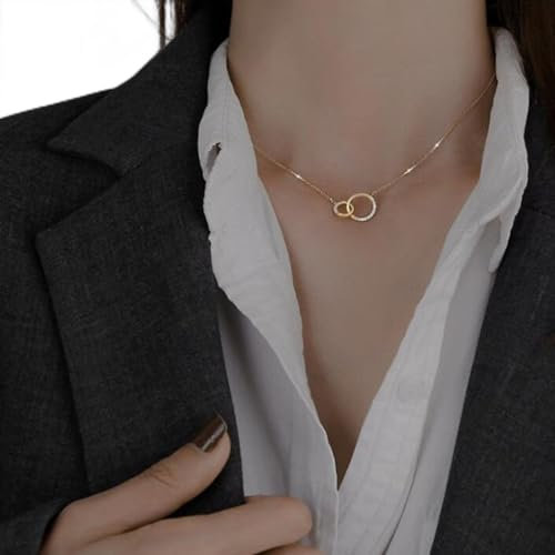 GoodLuck Minimalismus 925 Sterling Silber Runde Doppelkreis Zirkonia Halsketten & Anhänger für Frauen Party Geschenk Halsreif Liebhaber Schmuck