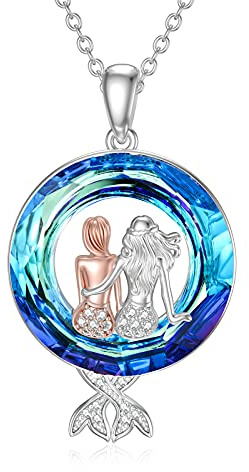 YAFEINI Meerjungfrau Ketten Halskette 925 Sterling Silber mit Kristall Meerjungfrau Schwester Schmuck Geschenke für Frauen